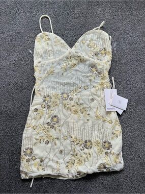 Peppermayo Ivory Mini Dress with Gold Sequin Floral Embroidery